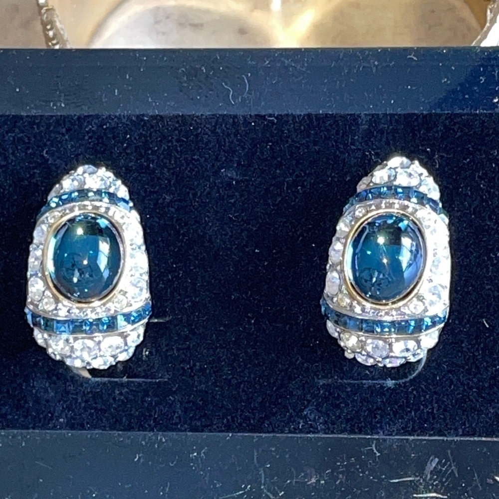 Joan Rivers Clip on Crystal Rhinestone/Blue Topaz Earrings Set in Gold Tone Base